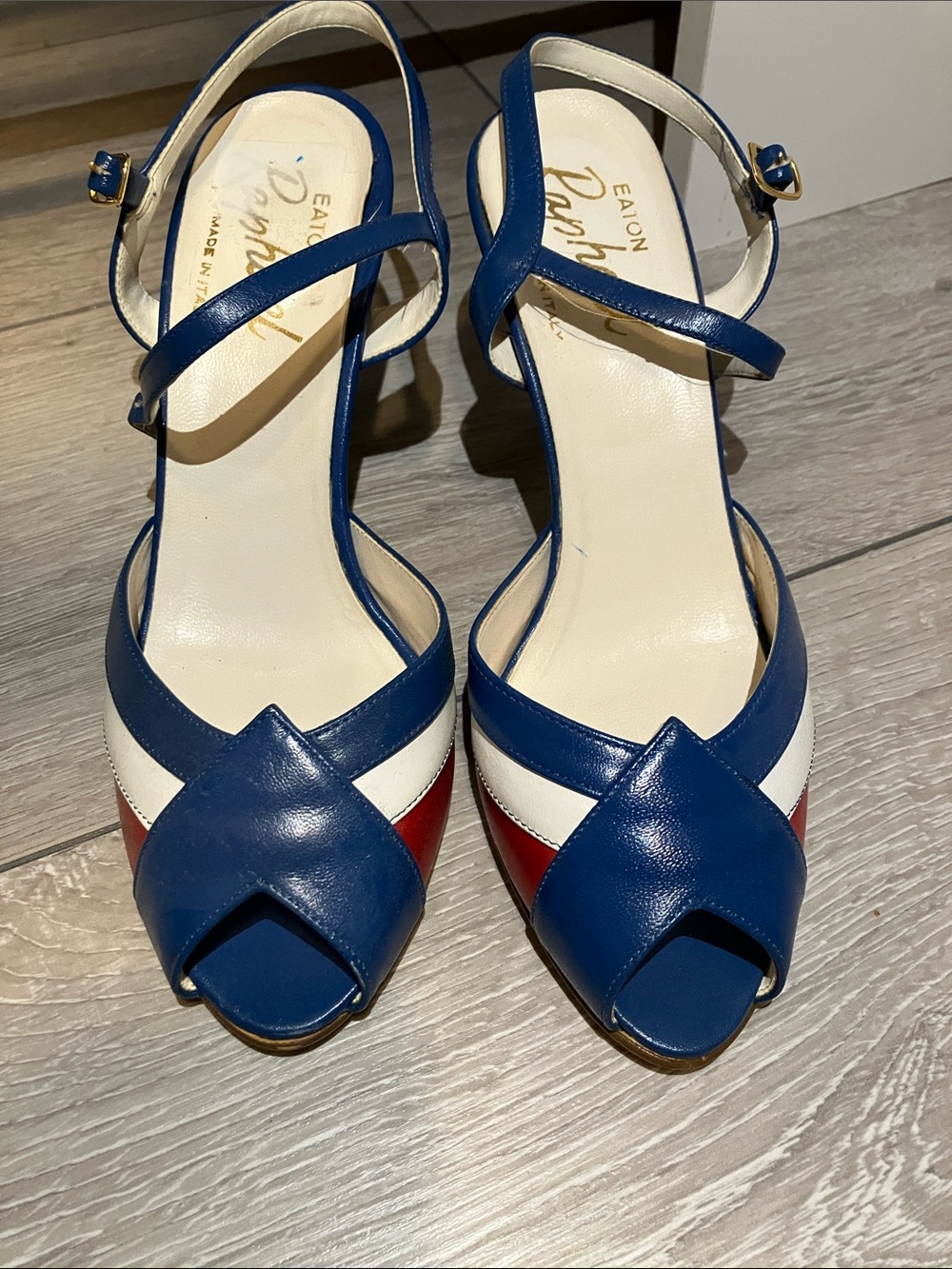 Vintage Blue, White & Red Peep-Toe Slingback Sandals